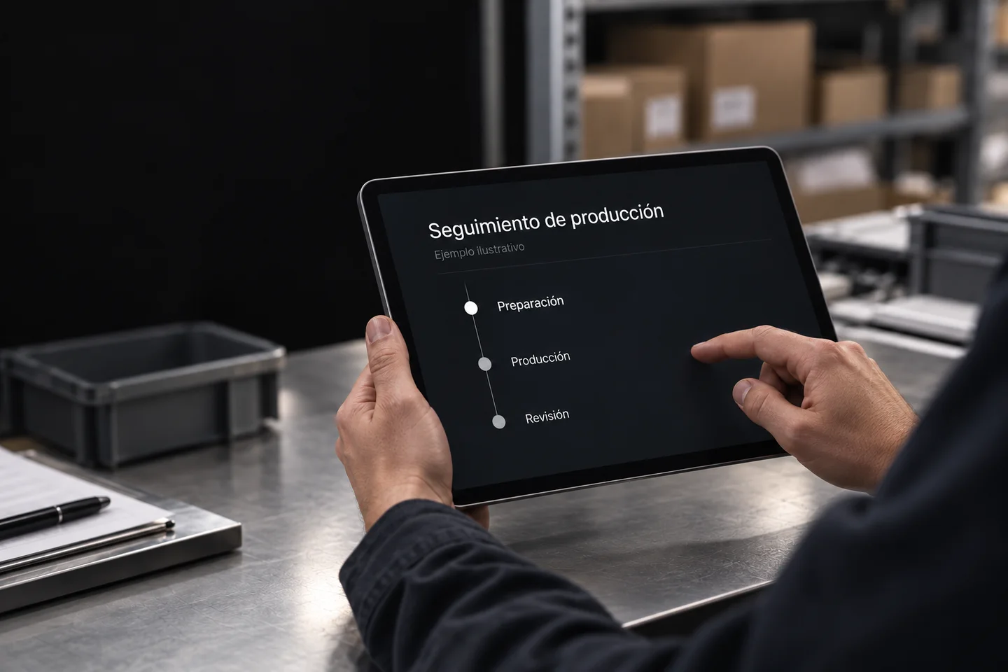 Representación de uso: una persona consulta en una tablet el estado y los antecedentes de un proceso. Interfaz y datos ilustrativos.