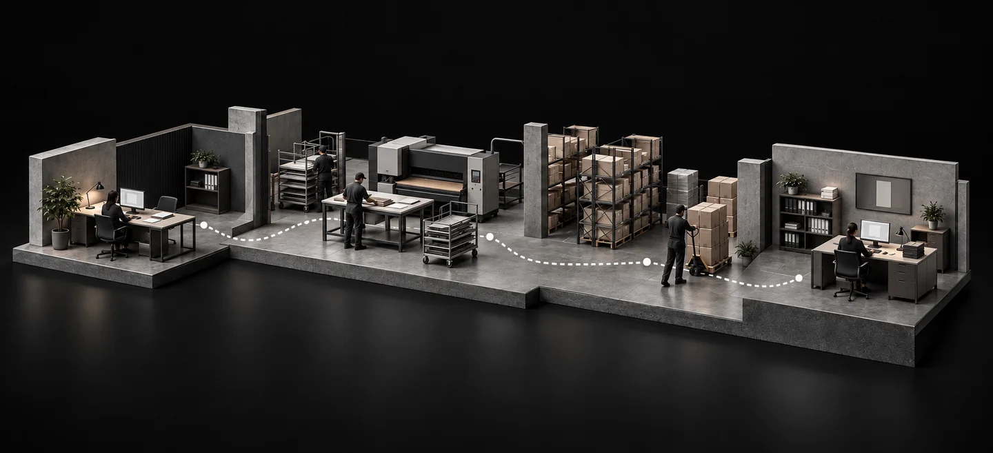 Escena ilustrativa de cuatro áreas conectadas por un recorrido: comercial, producción, bodega y administración. No representa instalaciones reales.